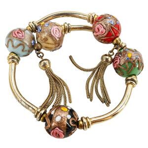Multicolor Venetian Wedding Cake Beads Bracelet Memory Wire W Chain Tassels